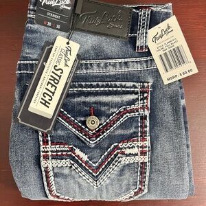 True Luck Men`s Jeans Straight Medium Wash S 30x30 NWT $60 Embroidered